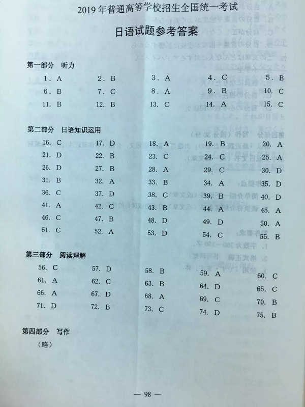 2019年高考日语真题答案（全国1卷）