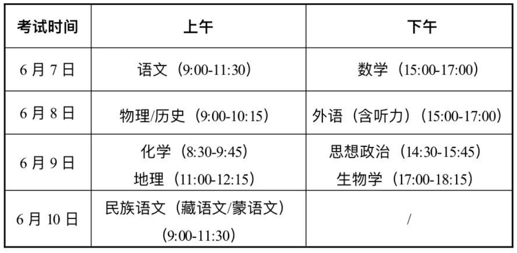 甘肃2024年普通高校招生考试安排